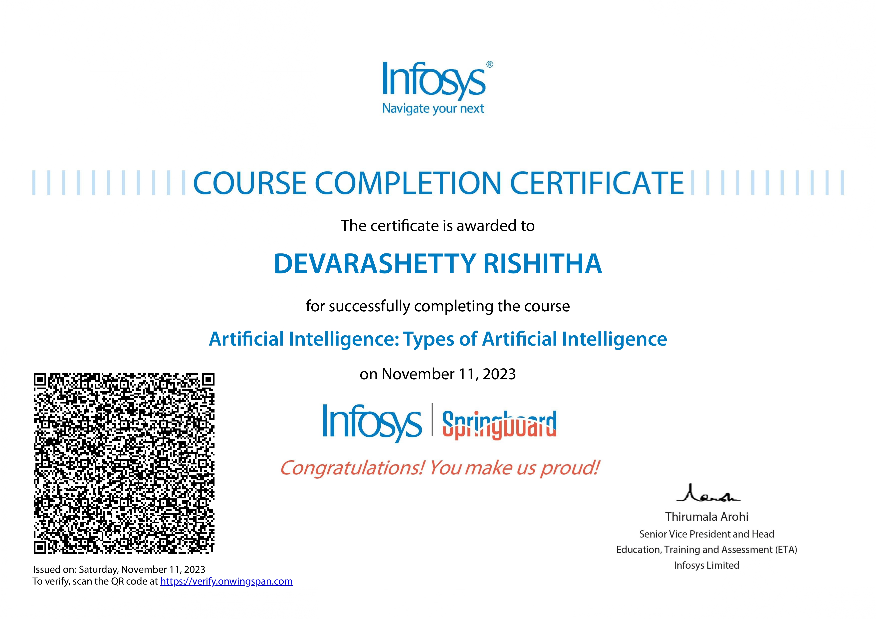 Infosys AI Types of Artificial Intelligence Certificate