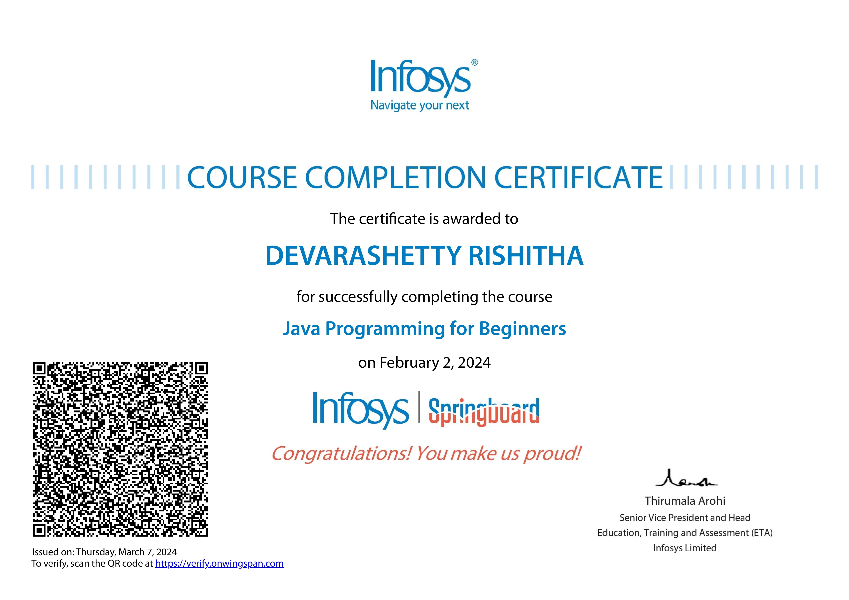 Infosys Springboard Java Programming for Beginners certificate