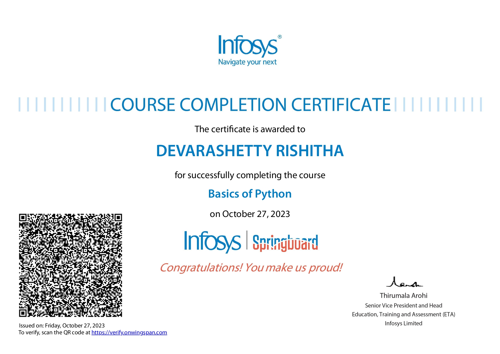 Infosys Springboard Basics of Python certificate