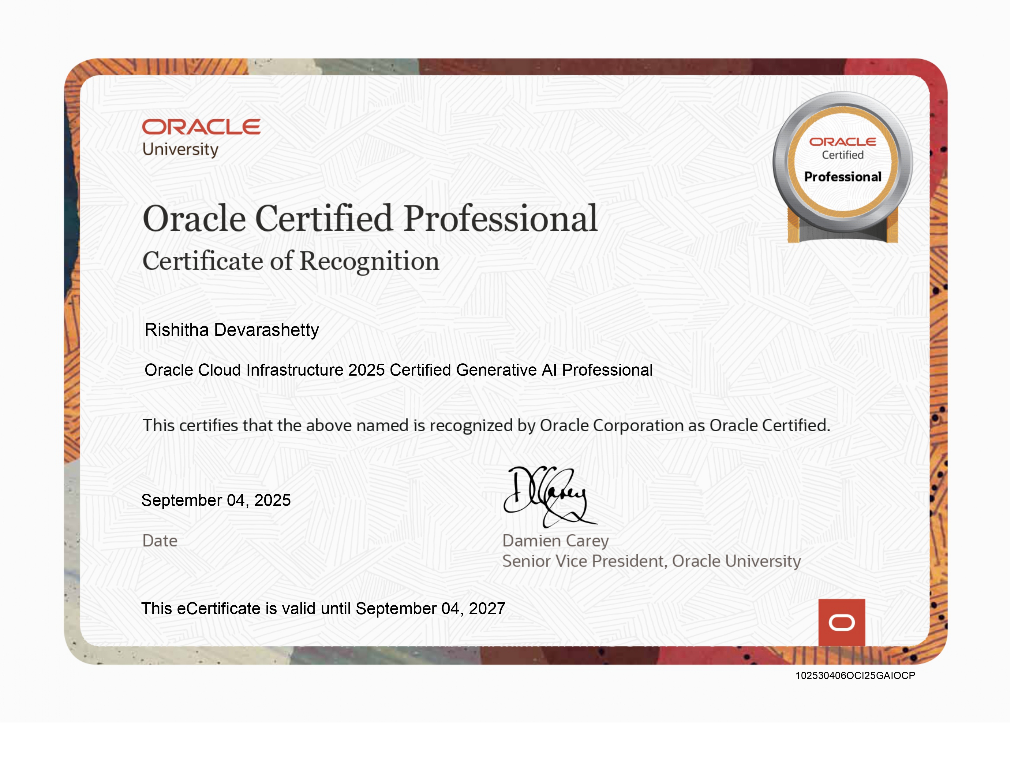 Oracle Cloud Infrastructure Generative AI Professional certificate
