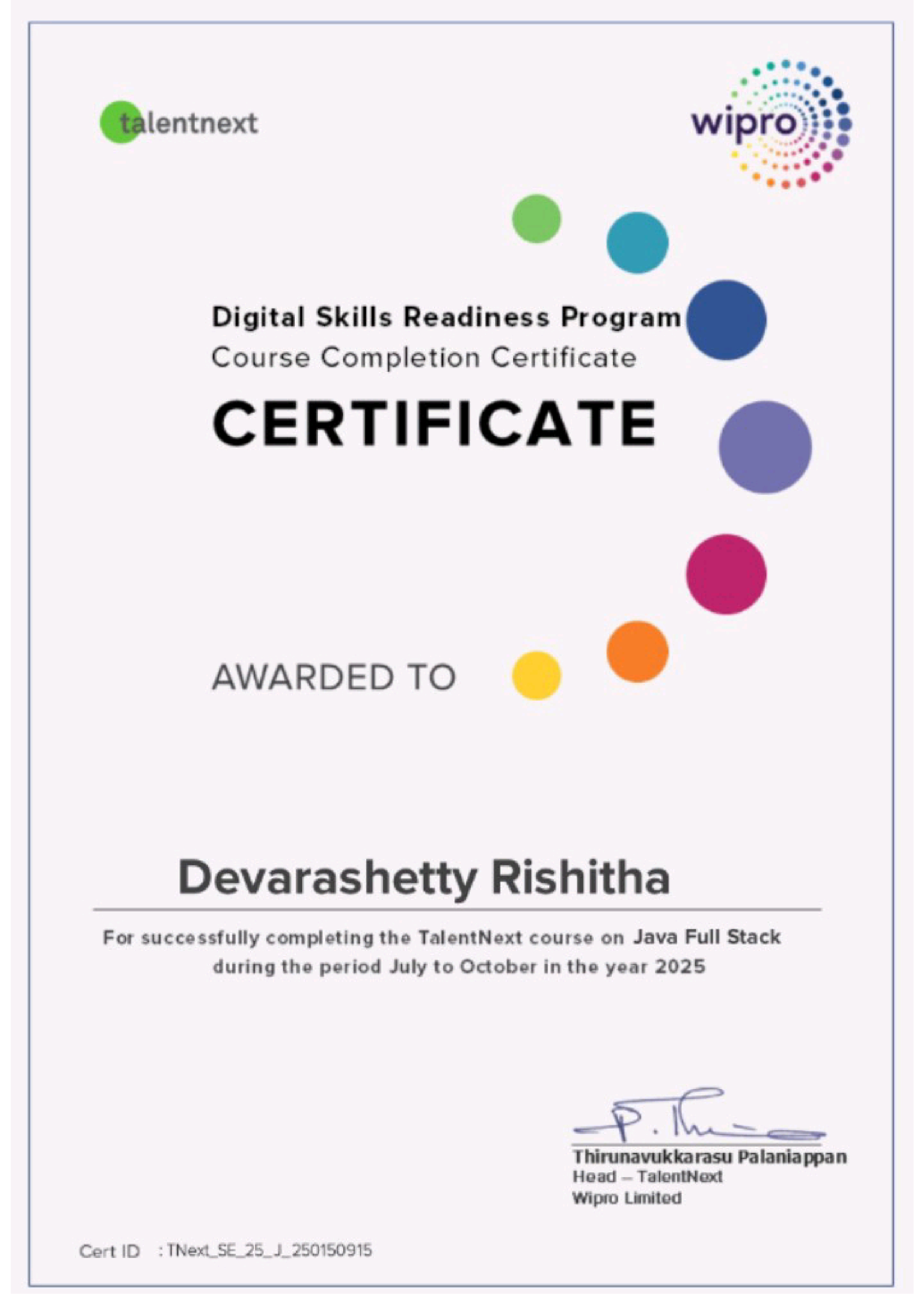 Wipro TalentNext Java Full Stack certificate